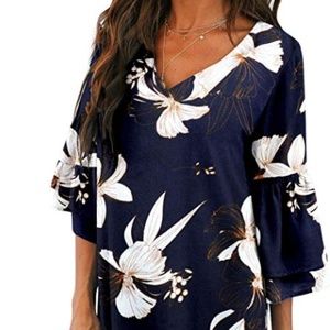 NWT Women's Dress: Navy w Flowers + bell sleeves